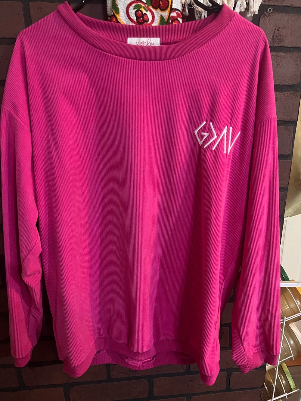 Magenta Ribbed Long Sleeve Top with White Embroidery
